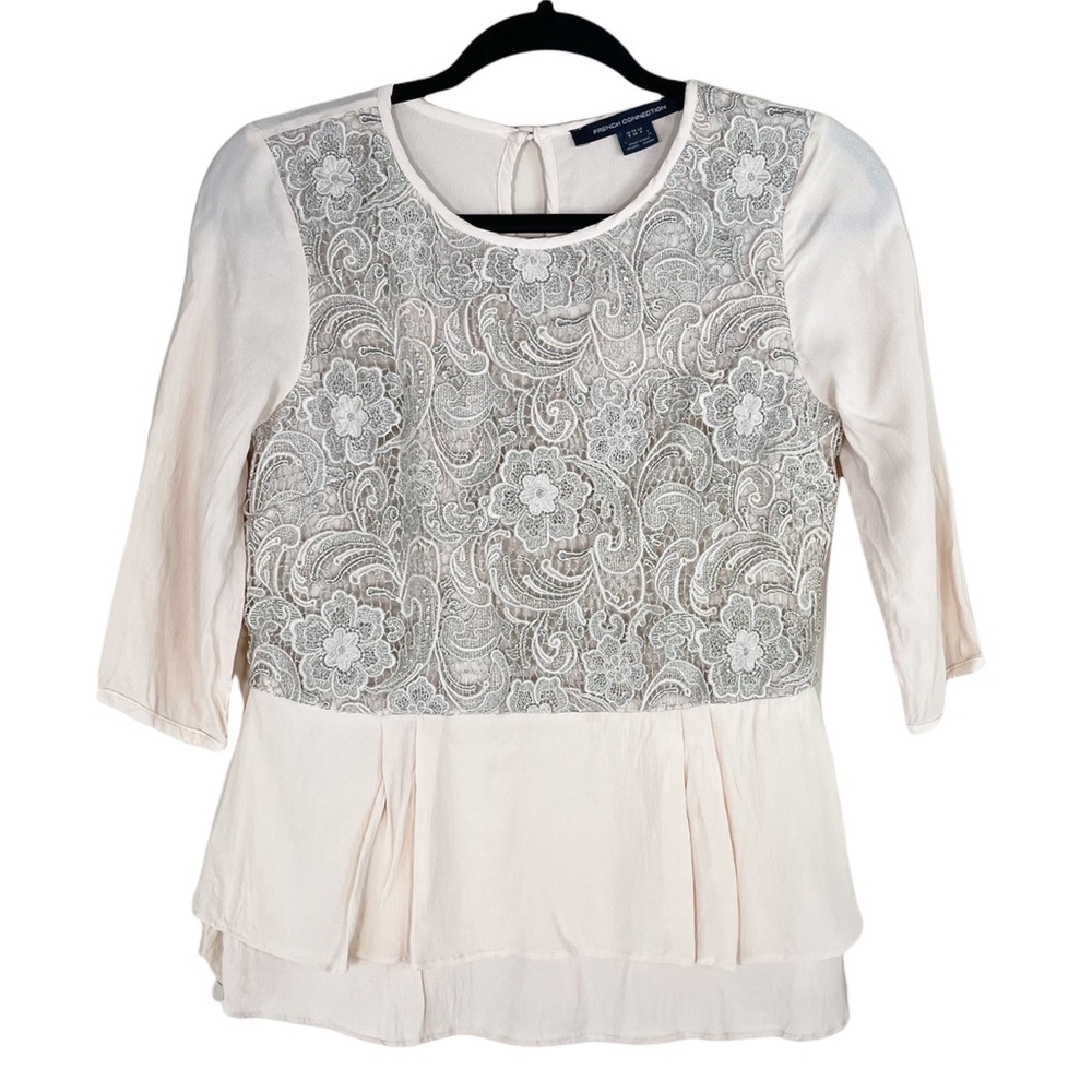 French Connection Pale Pink Blouse with Silver Crochet Lace
